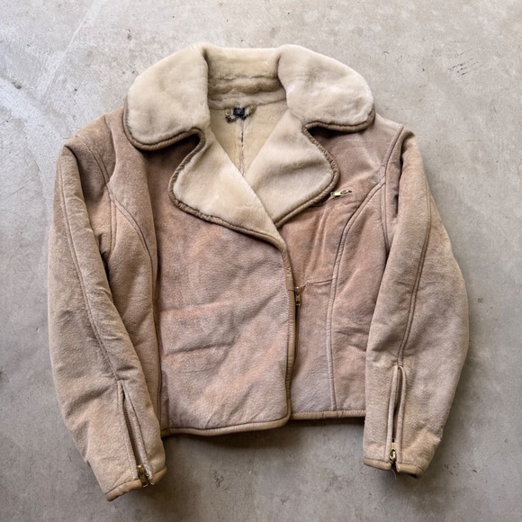 Jackets & Blazers - Vintage Tan Faux Suede Shearling Aviator Jacket M Cream Fur Collar Zip Up Coat